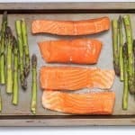 salmon on sheet pan with asparagus