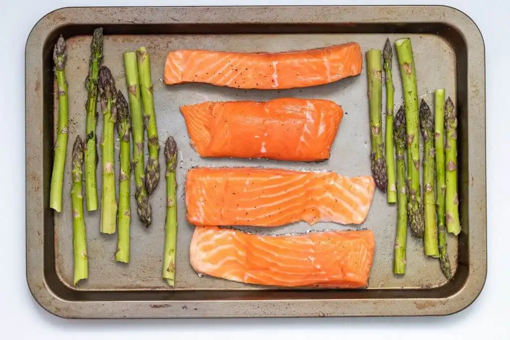 salmon on sheet pan with asparagus