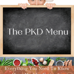 Chef peeking over blackboard with writing "The PKD Menu - Everything you need to know about healthy eating for Polycystic Kidney Disease"