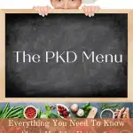 Chef peeking over blackboard with writing "The PKD Menu - Everything you need to know about healthy eating for Polycystic Kidney Disease"