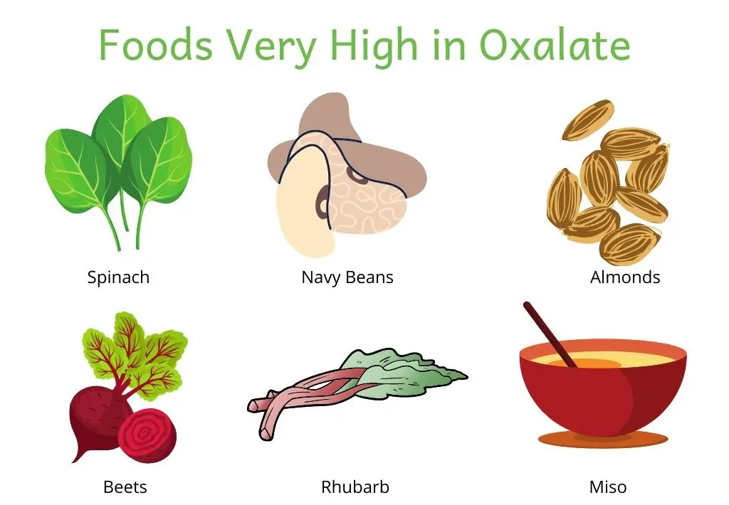 Picture of foods very high in oxalate. Spinach, navy beans, almonds, beets, rhubarb and miso.