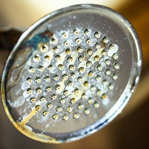 Silver shower head with calcium deposits on it from hard water