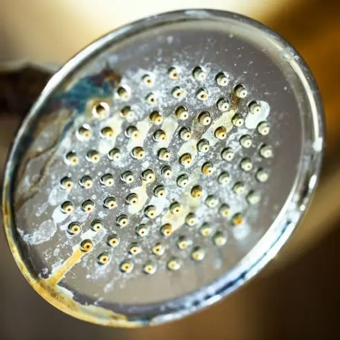 Soffione doccia d'argento con depositi di calcio su di esso da acqua dura