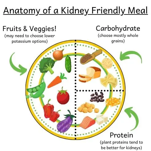 Healthy plate illustrating how to put together meals with a renal diet grocery list. Half of the plate should be fruits and vegetables. 1/4 should be whole grain carbohydrates and 1/4 should be protein - mostly plant proteins.