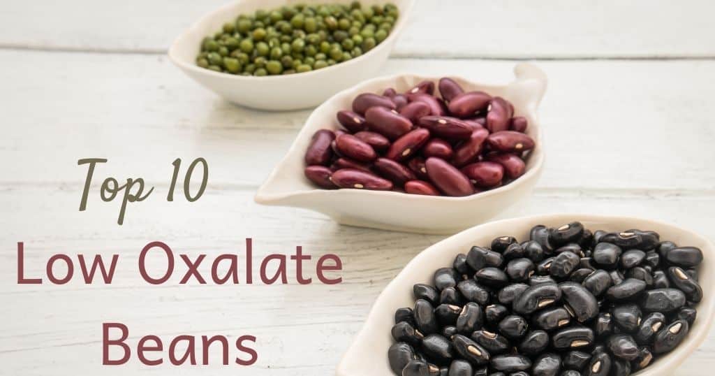 3 types of different beans in white dishes with title of post "Top 10 Low Oxalate Beans" overlay