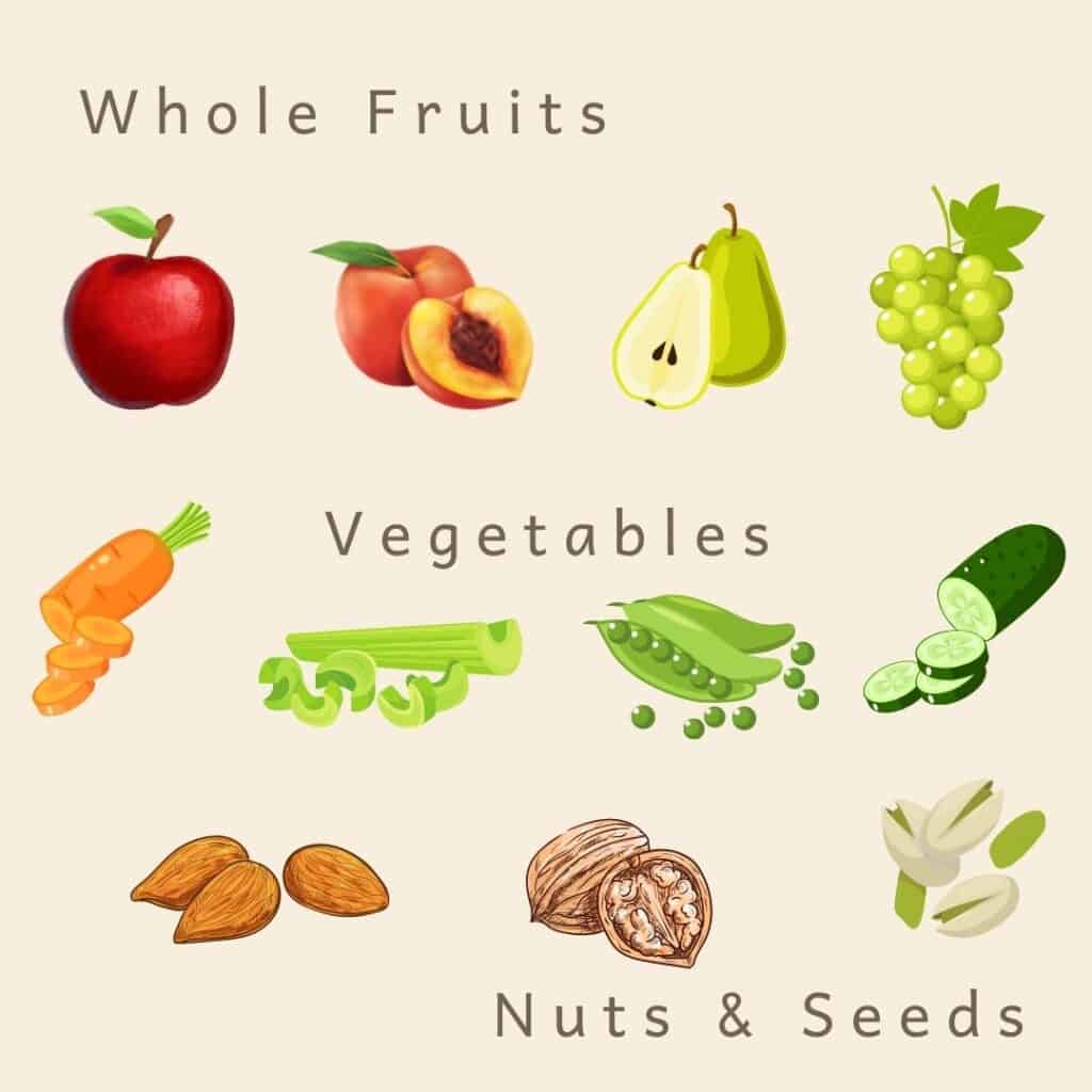 Cartoon images of renal diet snacks including whole fruits (apple, peach, pear, grapes), vegetables (carrots, celery, peas, cucumber) and nuts and seeds (almonds, walnuts and pistachios)