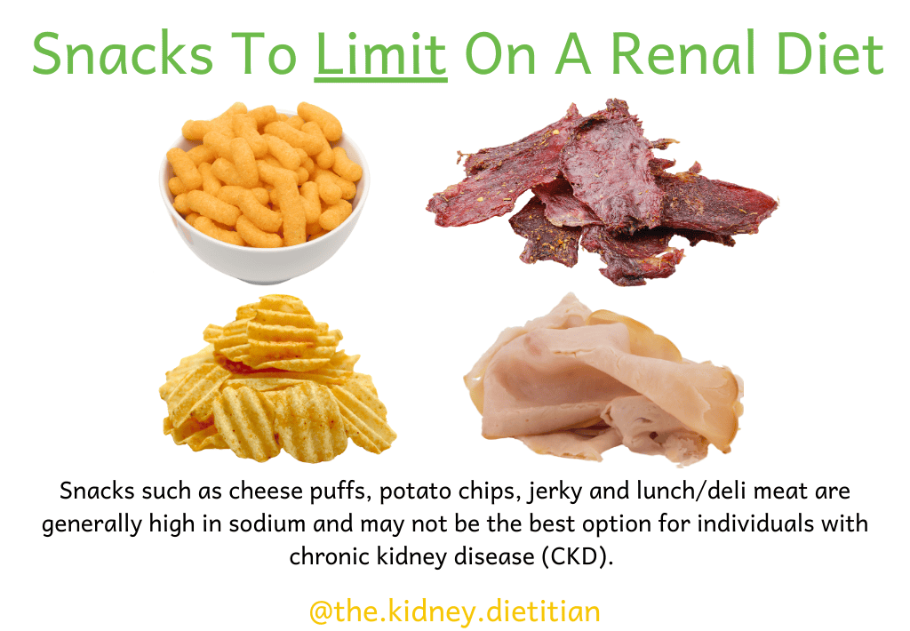 image of snacks to avoid or limit if on the renal diet because of their sodium content including cheese puffs, potato chips, jerky, and lunch or deli meat