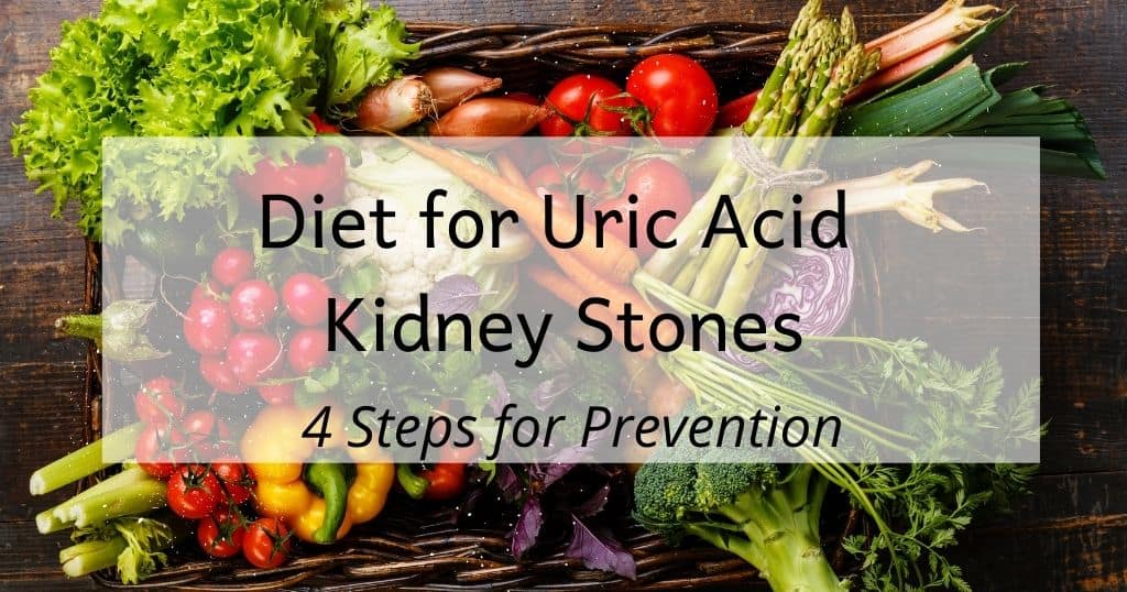 Image of fruits and vegetables with title of post overlay: Diet for Uric Acid Kidney Stones: 4 Steps for prevention
