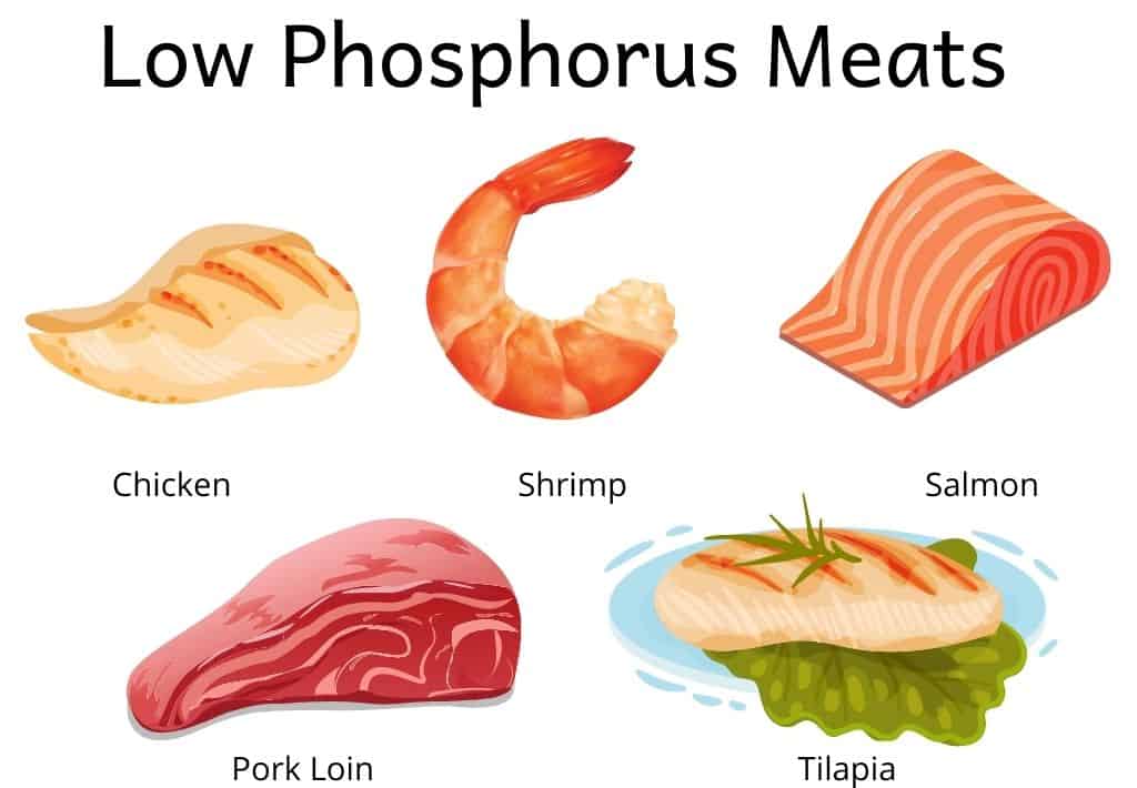 Cartoon pictures of low phosphorus meat choices: chicken, shrimp, salmon, pork loin and tilapia