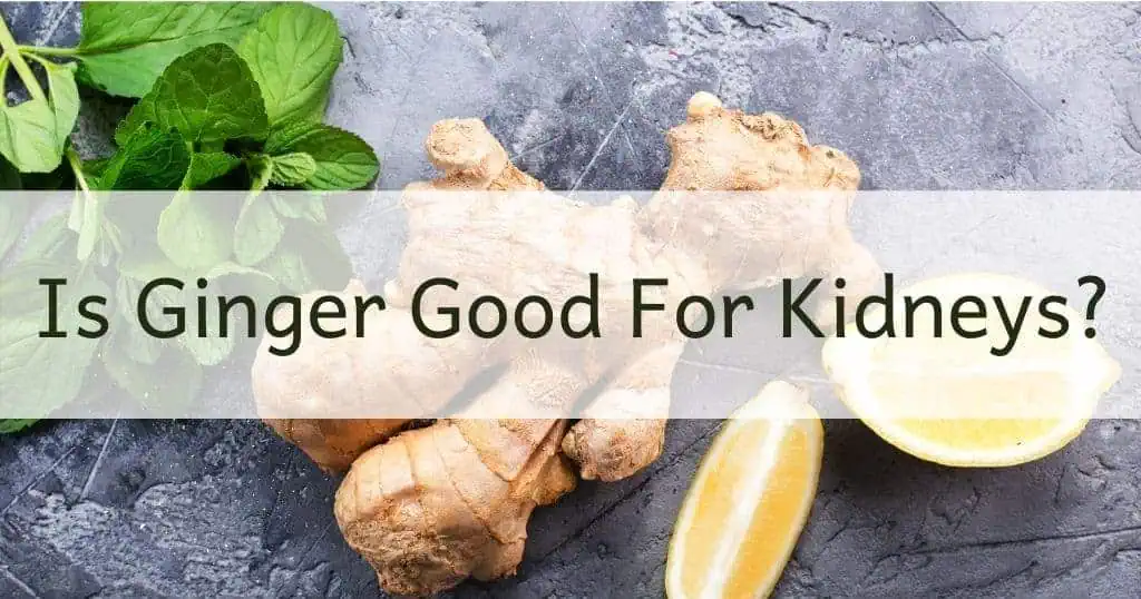 Fresh ginger, lemon and mint leaves with title: Is Ginger Good for Kidneys over the top of image