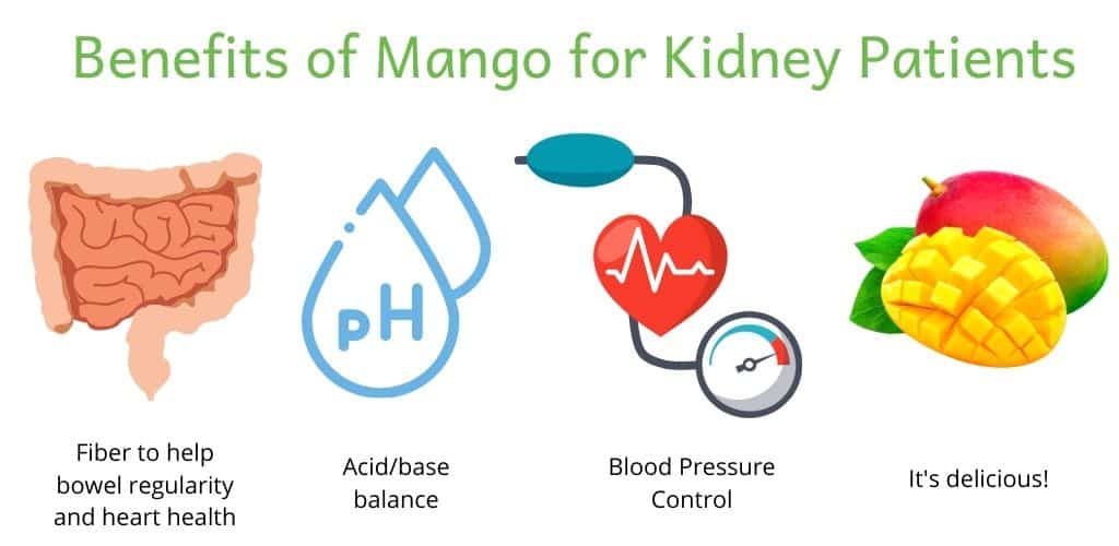 Title: Benefits of Mango for Kidney Patients. Graphic of each benefit. Intestines (fiber to help bowel regularity and heart health), ph (acid/base balance), blood pressure cuff (blood pressure control) and a mango (it's delicious!)