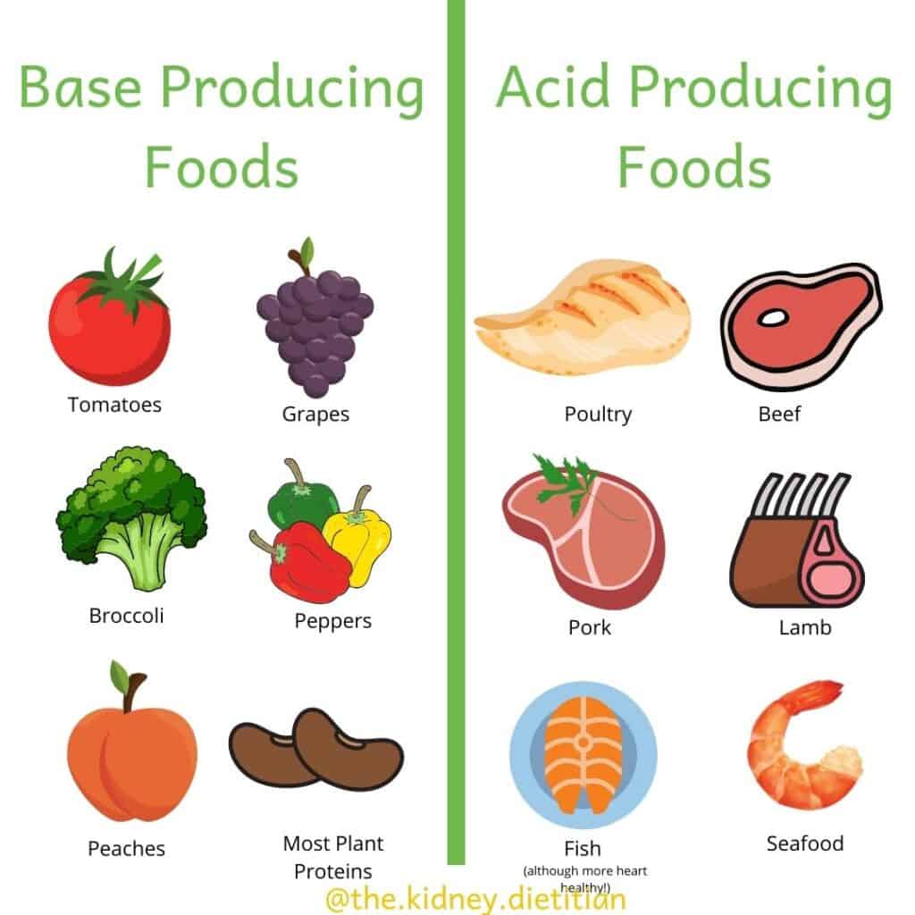 Images of base producing (negative PRAL) vs. acid producing (high PRAL) foods. Negative PRAL foods include tomatoes, grapes, broccoli, peppers, peaches and most plant proteins. High PRAL foods include poultry, beef, pork, lamb, fish and seafood.