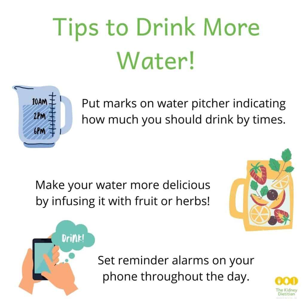 Tips to drink more water infographic. Put marks on water pitcher indicating how much you should drink by a certain time. Make your water more delicious by infusing it with fruit or herbs. Set reminder alarms on your phone throughout the day.