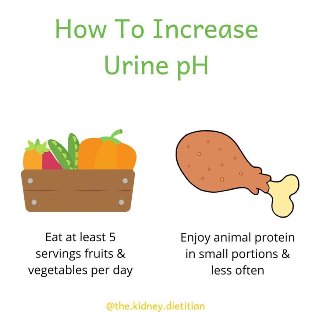 How to increase urine pH. Eat at least 5 servings fruits and vegetables per day. Enjoy animal protein in small portions & less often.
