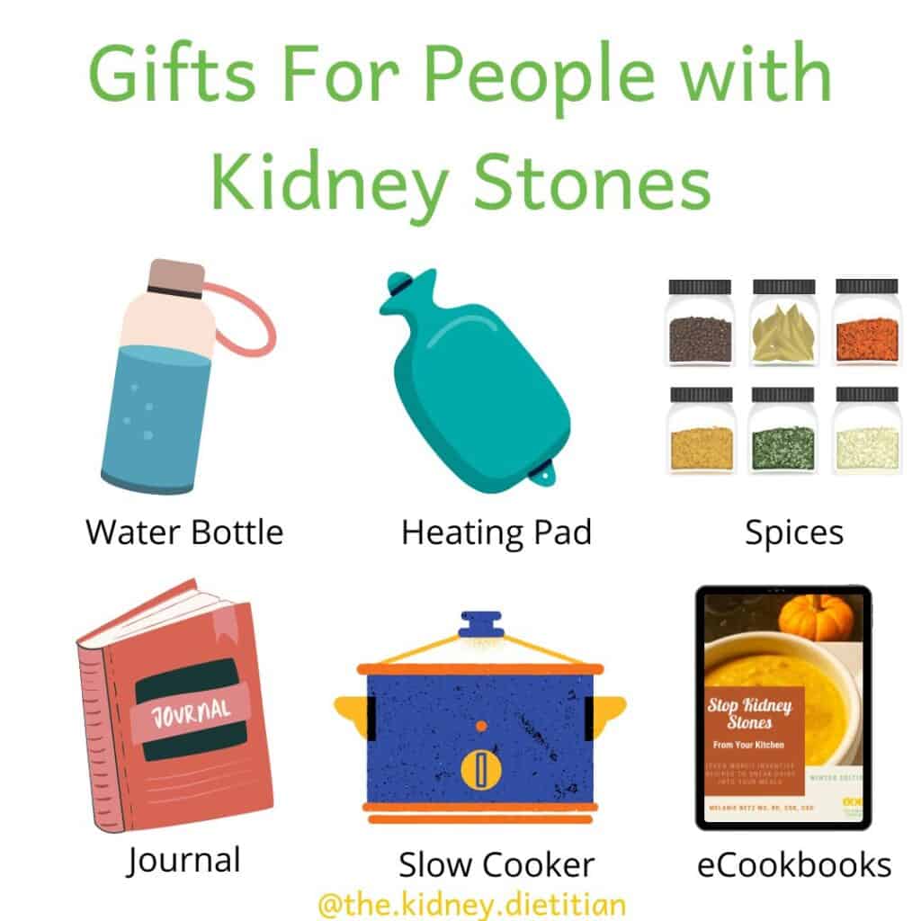 Gifts for People with Kidney Stones - image of a water bottle, heating pad, spices, journal, slow cooker and eCookbooks