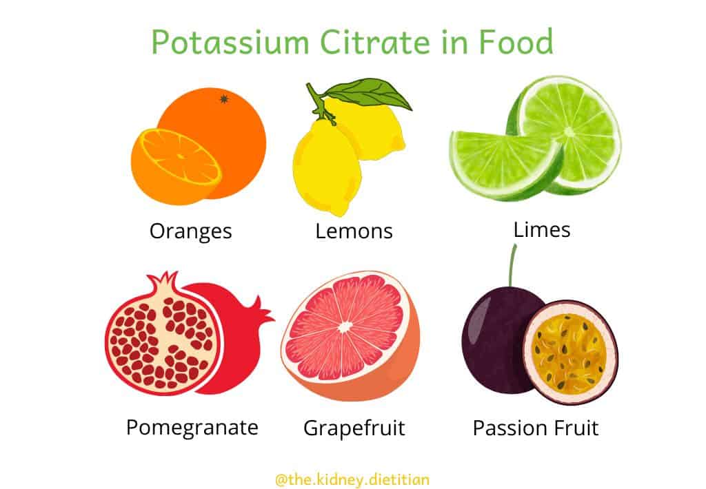 Images of foods with potassium citrate: oranges, lemons, limes, pomegranate, grapefruit and passion fruit