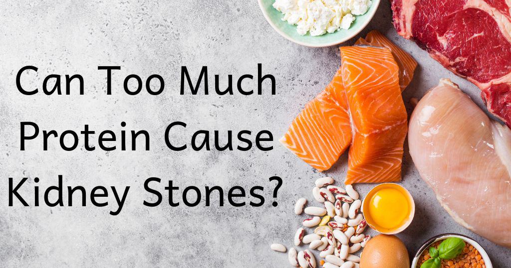 Post title: "Can too much protein cause kidney stones?" over image of salmon, eggs, nuts and other food sources of protein