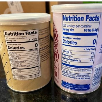 Picture of Nutrition Facts Label of standard baking powder, 60mg sodium per 1/8 teaspoon, compared to Sodium Free Baking powder (0mg sodium)