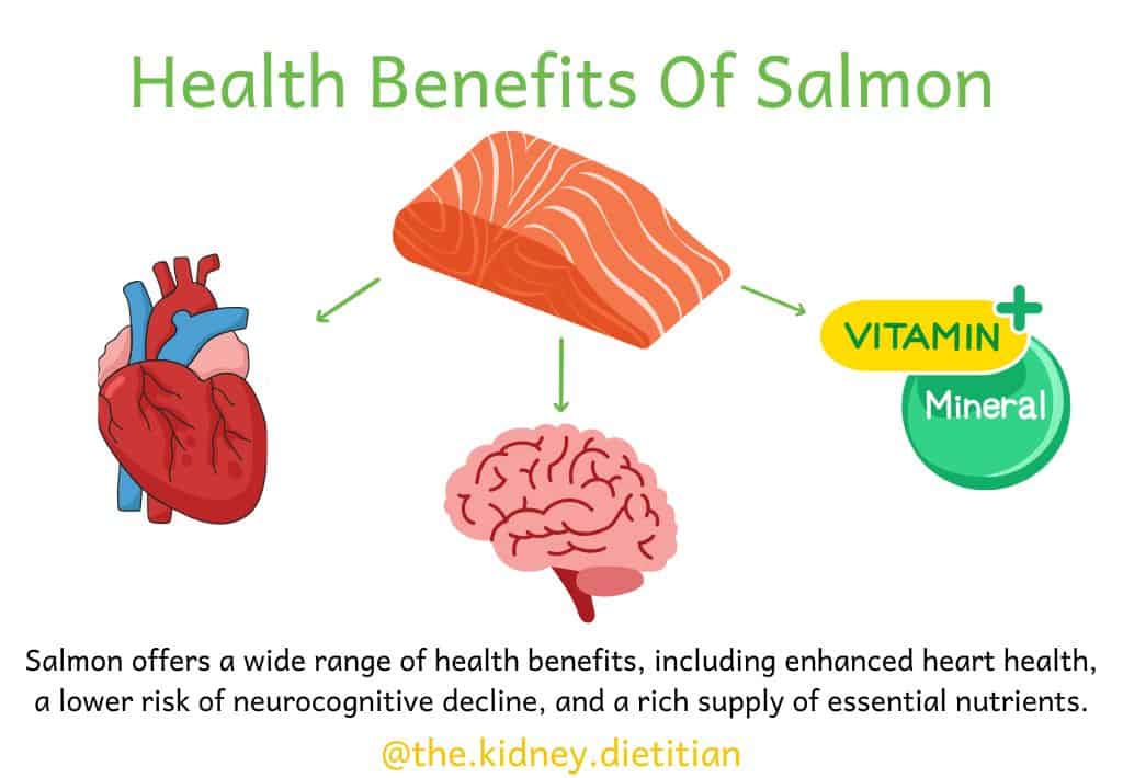 image that describes the health benefits of eating salmon such as improved heart health, reduced risk of neurocognitive decline and providing a rich supply of essential nutrients such as vitamins and minerals