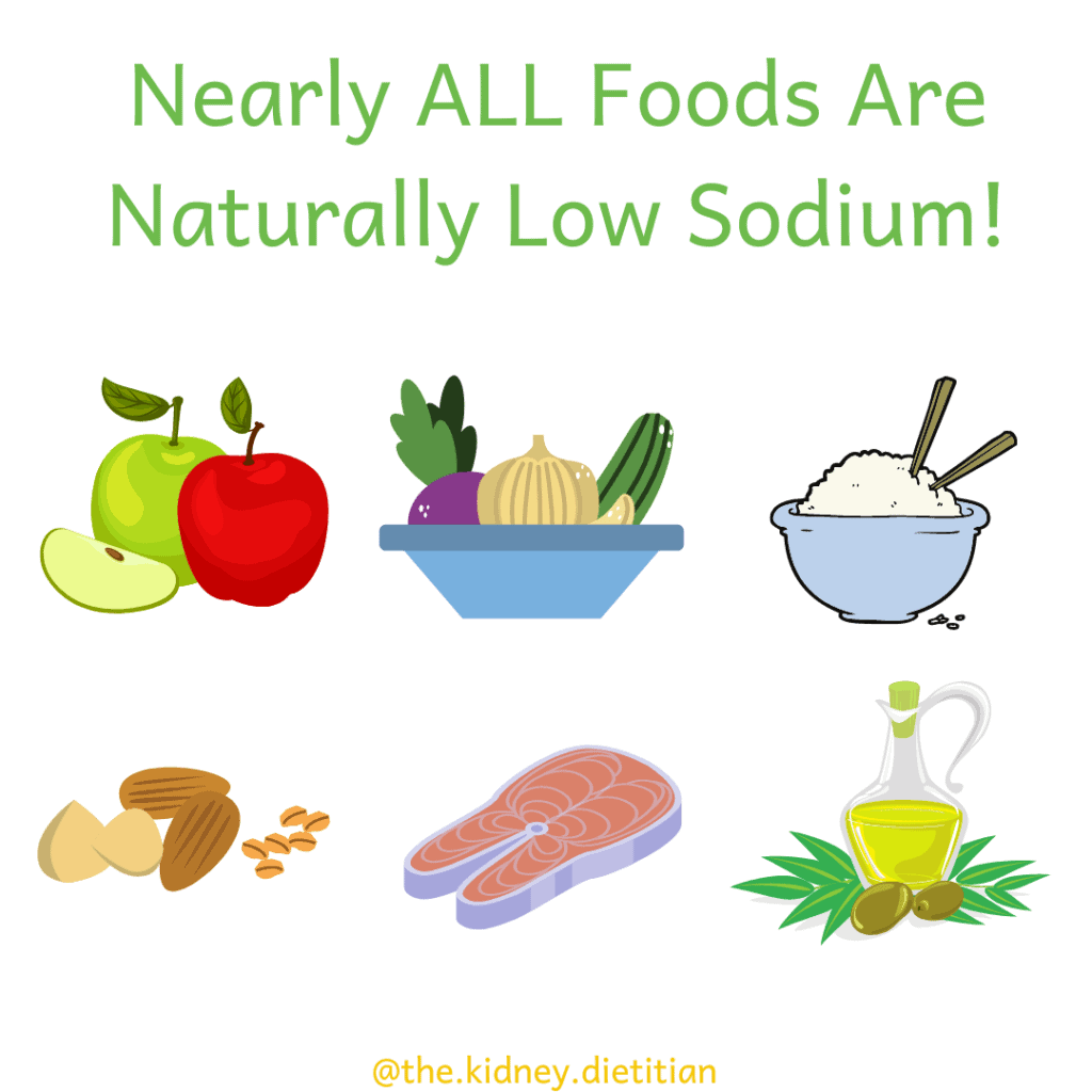 Image of naturally low sodium foods: apples, vegetables, rice, nuts, salmon and olive oil
