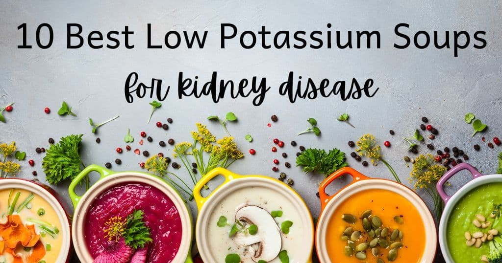 Brightly colored soups with blog title: 10 Best Low Potassium Soups for Kidney Disease" over the top