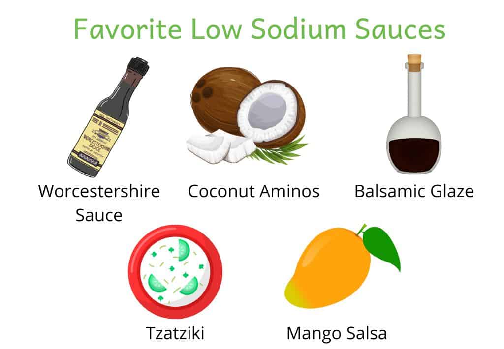 Image of favorite low sodium sauces: Worcestershire sauce, coconut aminos, balsamic glaze, tzatziki, mango salsa