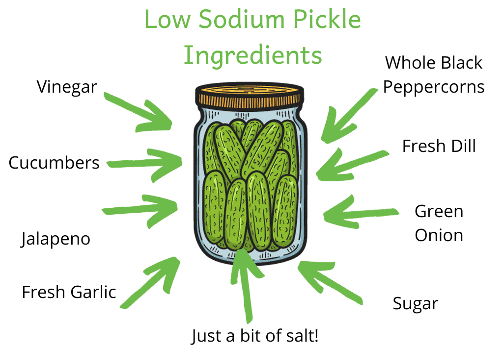 Cartoon image of jar of pickles with "low sodium pickle ingredients" written around it: vinegar, cucumbers, garlic, green onion, whole black peppercorns, fresh dill, sugar and just a little salt