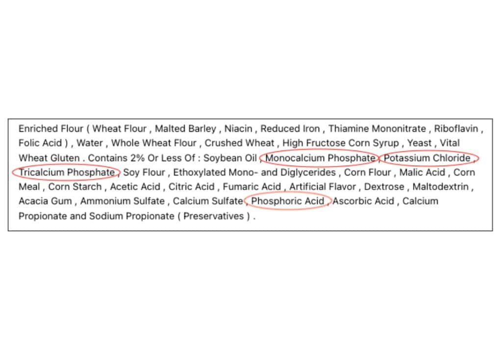 Image of ingredient label highlighting potassium and phosphorus ingredients