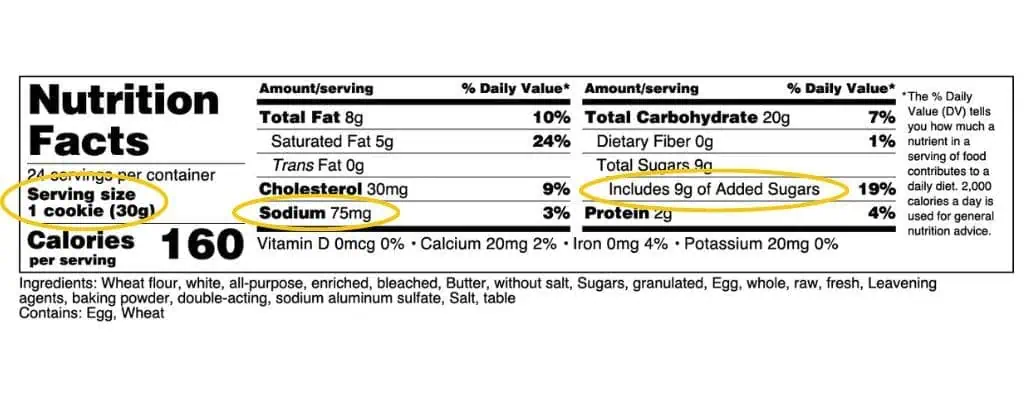 Image of Nutrition Facts label highlighting sodium and added sugar on a dessert label