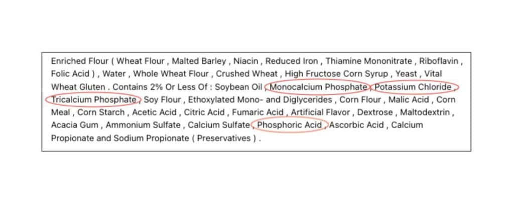 Image of ingredients on nutrition label highlight potassium and phosphate additives in desserts