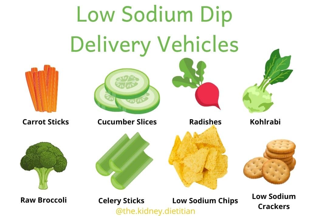 Image of low sodium dip delivery vehicles recommended: carrot sticks, cucumber slices, radishes, kohlrabi, raw broccoli, celery sticks, low sodium chips and low sodium crackers