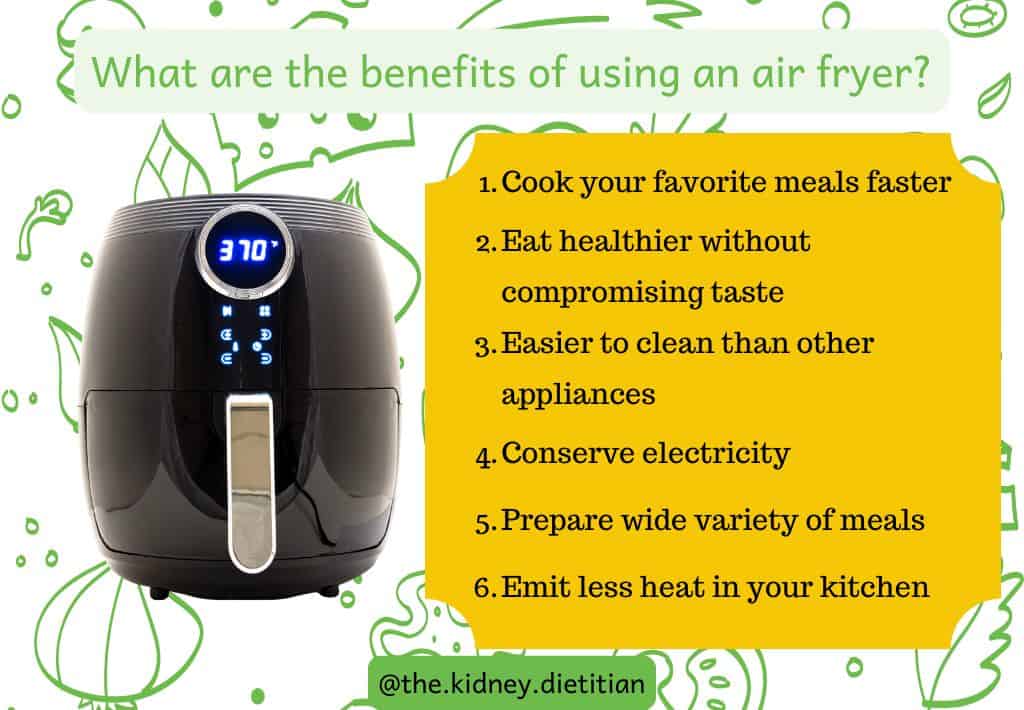 Air fryer with pros of air frying listed next to it