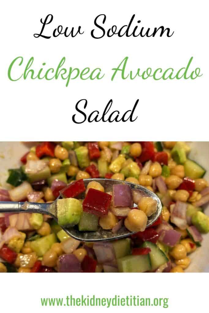 Image of Low Sodium Chickpea Avocado Salad in a bowl with title