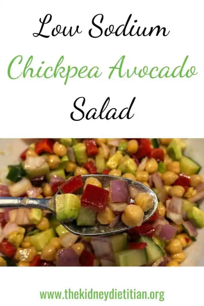 Image of Low Sodium Chickpea Avocado Salad in a bowl with title