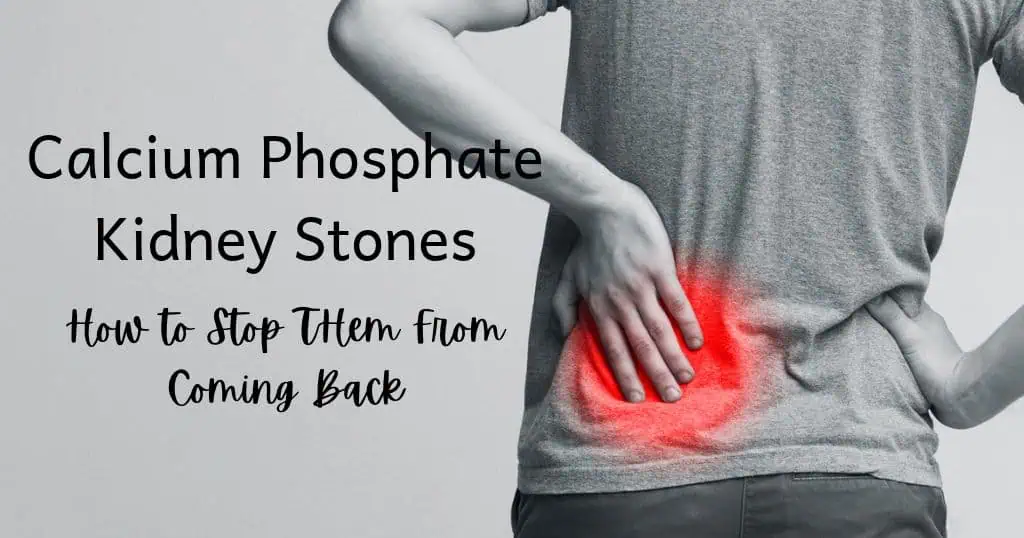 Black and white image of person holding lower back in pain with blog title: Calcium phosphate kidney stones: how to stop them from coming back over image